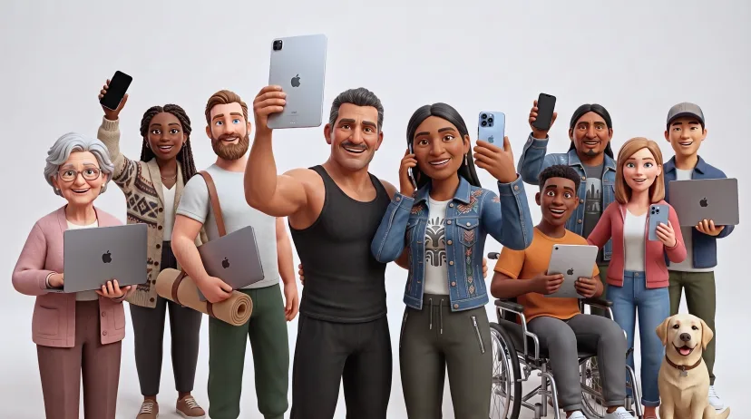 Personas usando dispositivos de manzana en un universo creativo de plastilina
